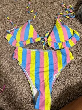 Striped Pink, Blue & Yellow Ruffle Triangle Bikini